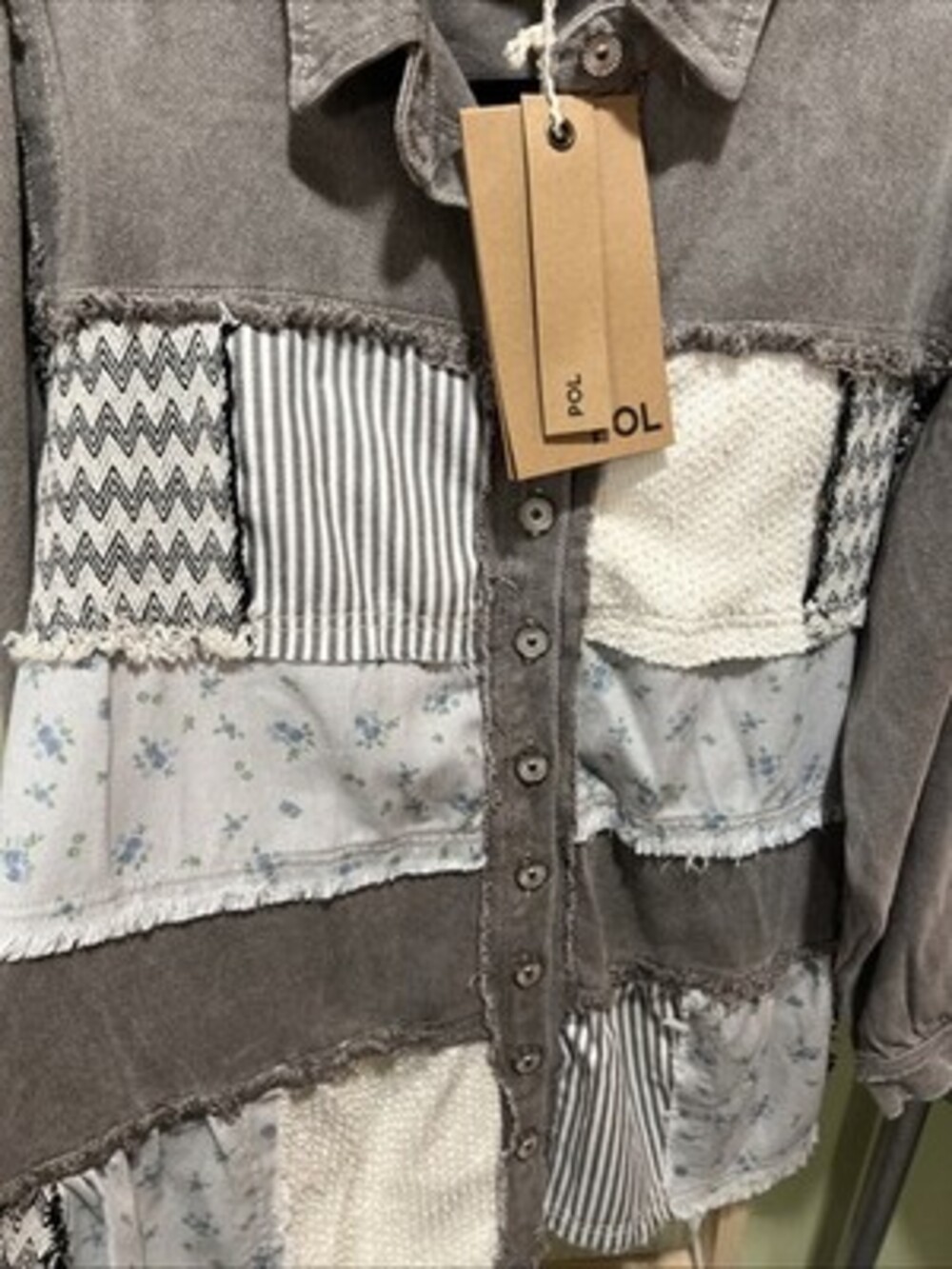 NWT POL Denim Patchwork Boho Button Up Shacket Gr… - image 4